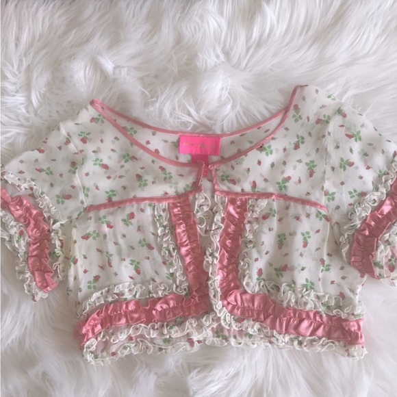 BETSEY JOHNSON SATIN PINK & WHITE FLORAL SHEER CROPPED BOLERO - Picture 1 of 13